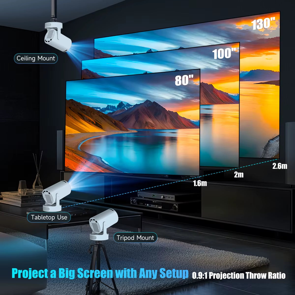 HY300 Pro+ 4K Android 11 Portable Projector 8000 Lumens Wifi 6 BT5.4 Outdoor Theater 5W Hifi Speaker 720P HD Supported