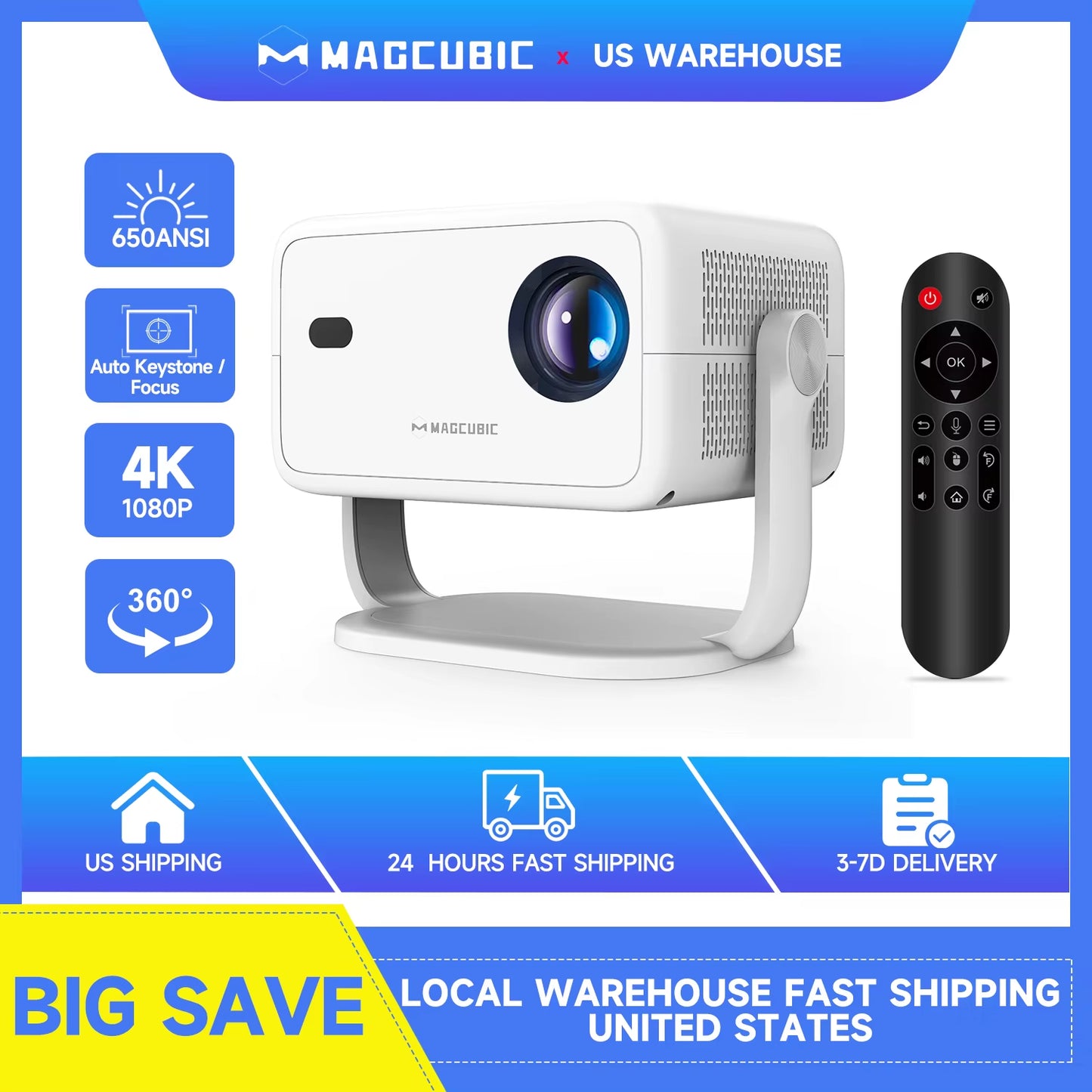 650ANSI L018 Projector 4K Native 1080P Auto Focus & Keystone Correction Android11 BT5.2 WIFI6 360° Portable Home Cinema